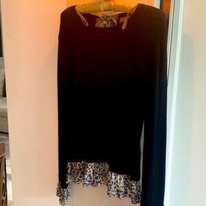Anthropologie black sweater with animal print ruffles
